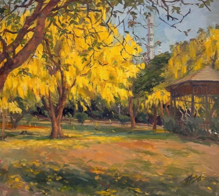 Oil painting of Amaltas trees in full golden bloom in a Lahore park, with a wooden gazebo and a white minaret against blue sky