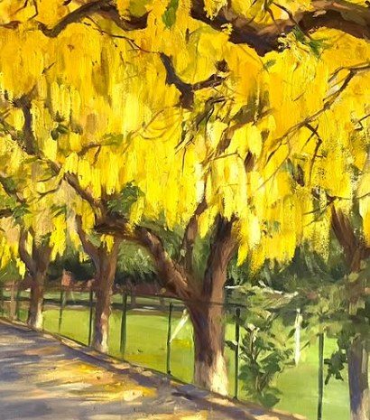 Oil painting of a canopy of golden Amaltas blossoms arching over a path and railing