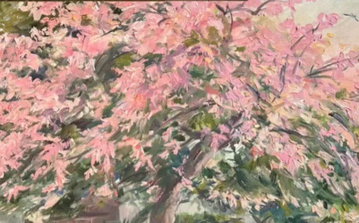 Oil painting of a tree covered in pink blossom